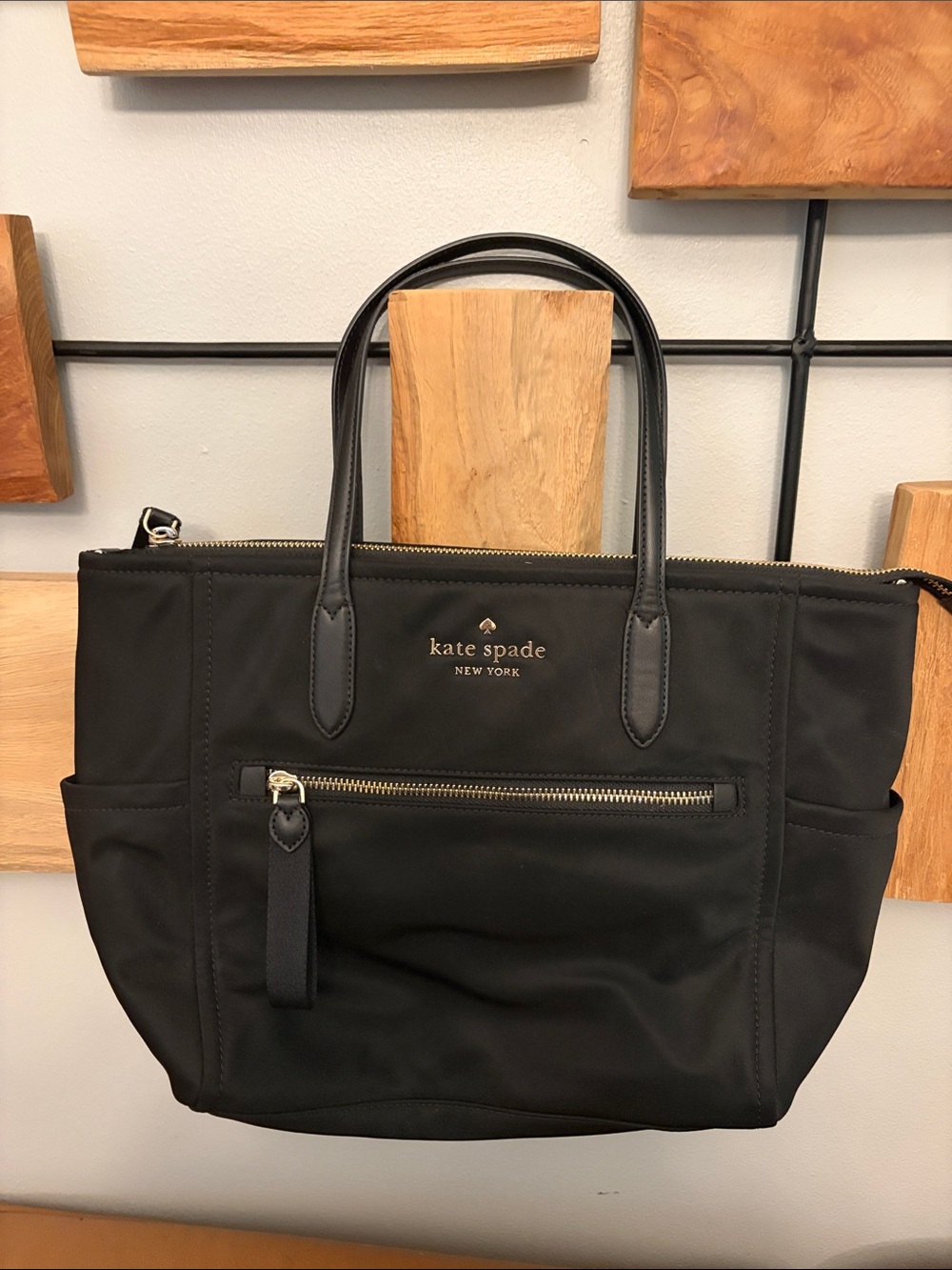kate spade black nylon tote with front zip pocket
